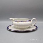 Vintage Giesche Gravy Custard Boat W  Underplate Porcelain Cobalt Blue Gold