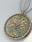 Victorian Necklace Antique Cut Steel Button Pendant - Quartz Pearls 