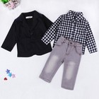 3pcs Baby Boys Dress Suit Coat plaids Shirt denim Pants Set Kids Clothes Outfits