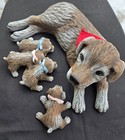 Adorable Large Ceramic Dog With Detached Puppies Laying Down Statue Figurines