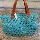 Mar Y Sol Scalloped Open Crocheted Raffia Carryall Tote Beach Bag Aqua Blue