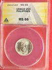 1944-d Philippines 20 Centavos - Anacs Ms66 - Wwii Era High-grade Silver  10-4 