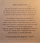 Nos  Honorable Order Of Kentucky Colonels  Medal Of Distinction On Card   2006