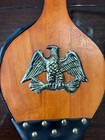 Vintage Leather And Wood Fireplace Bellow Approx  24   x7       Brass Eagle Crest