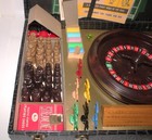 Vtg Casino Board Game Set Roulette Wheel Felt Mat Checkers Chess Cards W Case