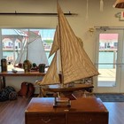 Antique Pond Yacht On Stand  Wooden Model Ship With Sails  Collector s Piece 49 