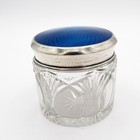 Antique Cut Glass Base  Blue Guilloche Enamel And Sterling Dresser Powder Jar