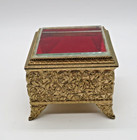 Vtg Jewelry Casket Trinket Box Ornate Scroll Square Metal   Beveled Glass Red In