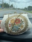 Cream Beaded Embroidered Floral Evening Purse Gold Tone Frame Chain