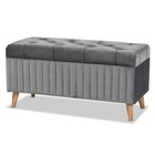 Storage Ottoman Bench Gray Velvet Channel Tufted Walnut Brown Wood Legs Modern