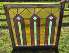 Vintage Large Leaded Geometric Stained-glass Window In Original Oak Wood Frame