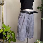 Vintage 90s Plaid Pleated High Waisted Bermuda Shorts Blue White Red Cuffed S