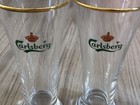 Set Of 2  Carlsberg Danish Beer Glass 7  Tall Gold Rimmed Denmark 12oz