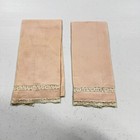 Vintage Kitchen Tea Towel Pair Dishcloth Pink Lace Edge Linen Mcm Retro