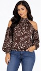 Women   s M Brown white Star Print Cold Shoulder Mock Neck Long Sleeve Blouse
