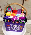 Halloween Trick Or Treat Bag Filled With Candy Wooden Sitter Tiered Tray