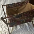 Vtg 1970s Folding Wood Frame Fabric Sewing Knitting Caddy Basket Portable