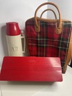 Vtg Thermos Picnic Travel Set With Sandwich Box Red Plaid Case 2 Cups   Lid Read