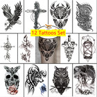 12 Pcs Tribal Gothic Temporary Tattoos Eagle Wolf Owl Skull Cross Dragon Body