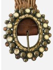 Vtg 90   s Leather Rock Belt Size L Woven Leather Natural Stone Metal Boho Buckle