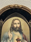 Vintage Sacred Heart Of Jesus Framed Lithograph arched Glass Frame  Catholic Art