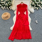 Fashion Dress Womens 2025 New Lace Splicing Long Sleeve Slim Evening Party Dress