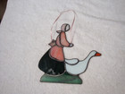 Vtg Stained Glass Country Goose Girl Suncatcher Cottage Farm Prairie Grannie