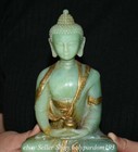 8  Old Chinese Natural Green Jade Gilt Carving Shakyamuni Amitabha Buddha Statue
