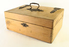   19th C  Victorian Pine Wood Box Elaborate Iron Tin Hardware