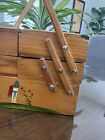 Vintage Mexican Accordion Wood Fold-out Sewing Box Basket Hand Painted