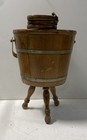 Vintage Wooden Barrel Ice Bucket Stand 3-legged Colonial Style With Coasters