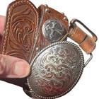 3d Kids Tooled Leather Western Belt 20    Brown Conchos Engraved Buckle Cowboy