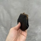 True Vintage  antique   Genuine Leather Small Black Coin Purse Brass Kiss Lock