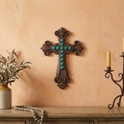 Fleur De Lis Metal Wall Cross Cast Iron Turquoise Stones Antique Finish 9 1 2 