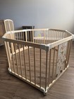 Foldable Wooden Baby Play Pen Play Yard W  Activity Panels Beige White