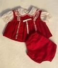 Vintage Red Velvet 3pc Dress Embroidered Lace Trim Ruffle Sleeve 0-6m Babyfair