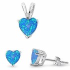 Heart Blue Australian Fire Opal Stud Earrings   Pendant Set Sterling Silver 925
