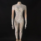 Silver Full Rhinestones Bikini Mini Dress Sexy Transparent Mesh Bodysuit  Outfit