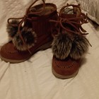 Girls Brown Suede Ankle Bootie Boots Lace-up Fringe Fur Trim Round Toe 11c