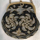Antique Beaded Purse Cut Steel Black Velvet Gold Frame chain Made In France 