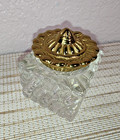 Vintage Clear Lead Crystal Square Inkwell Ornate Brass Lid Heavy Vmc