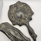 Antique Art Nouveau Vanity Set Silver Tone Hand Mirror Brush Floral Elegant Lady