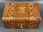 Antique Burl Wood Marquetry Sewing jewelry Box With Inlay With Key Hinged Lid