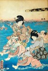 Antique Japanese Woodblock Print Triptych By Kunisada -crossing Oi River- C 1847