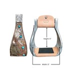 Western 6  Wide Copper Engraved Feather Turquoise Stone Bell Stirrups 51257
