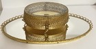 Vintage Jewelry Beveled Glass Filigree Trinket Box With Vanity Mirrored Tray