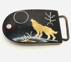 Exceptional Vtg 1970s Vtg Wooden Silver Brass Wolf Inlay Belt Buckle 4  Chunky