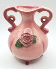 Vintage Ever-art Pottery Bud Vase Pink 3d Rose Applied Two Handles Mid-century