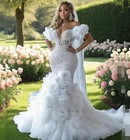 Luxury Mermaid Wedding Dresses Flower African Off Shoulder Lace Bead Bridal Gown