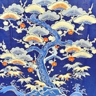 Japanese Pine Plum Blossom Blue 100  Cotton Furoshiki Wrapping Cloth